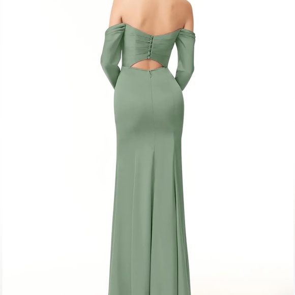 ALMOST NEW. Azazie maxi off-shoulder matcha dress used only one time - Picture 3 of 7